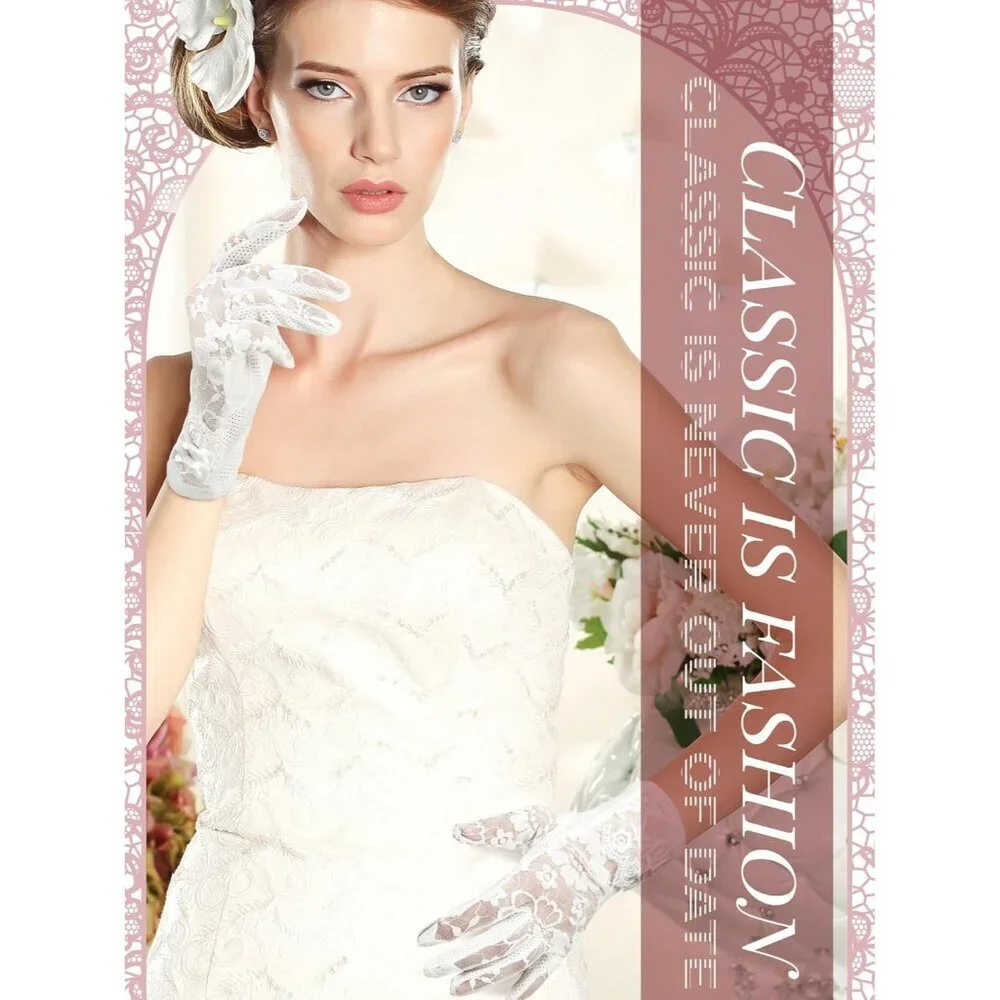 Women's White Short Floral Finger Less Nylon Halloween Cosplay Lace Gloves